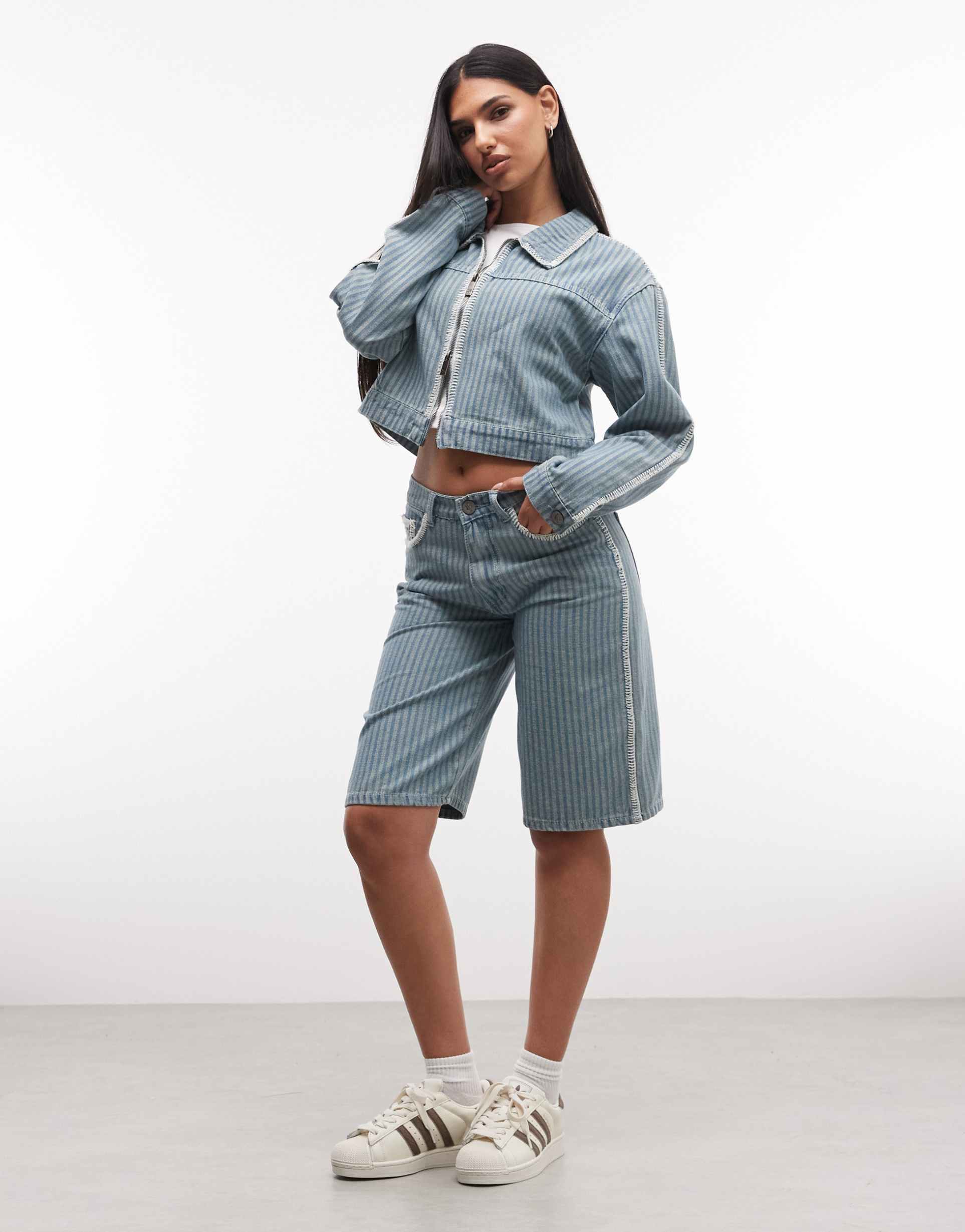 liquor n poker pinstripe jorts with embroidered hem in blue - part of a set