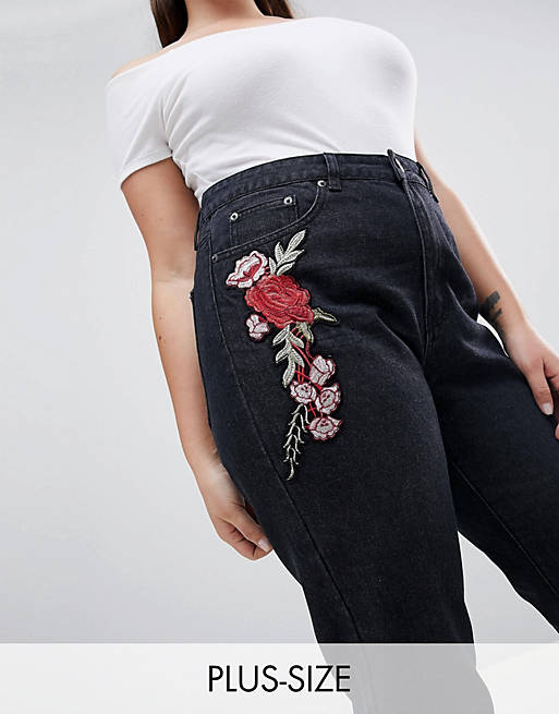 Liquor N Poker Plus Boyfriend Jean with Stepped Hem and Rose Embroidery