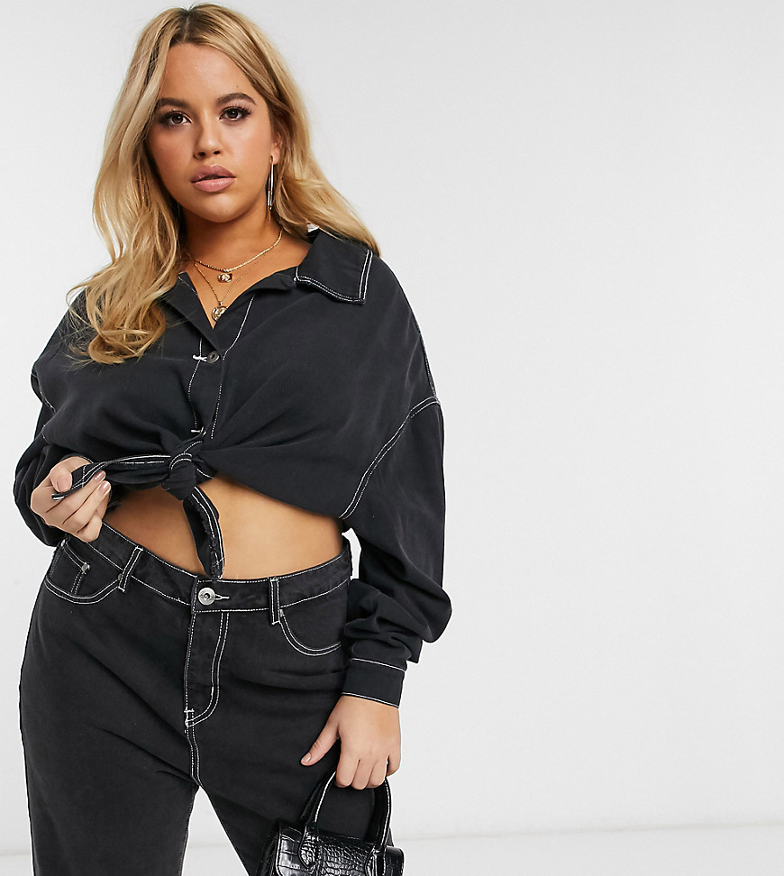 Liquor N Poker Plus tie front crop top in washed black co-ord