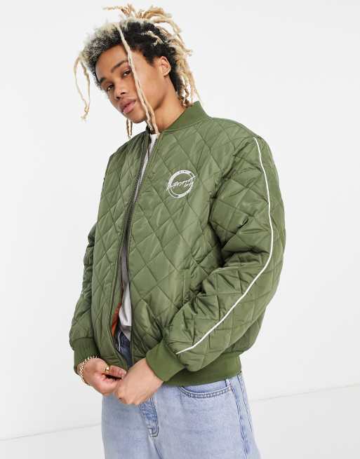 Green quilted shop bomber jacket mens