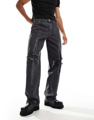 Liquor N Poker Liquor N Poker rapture baggy fit rip & repair stitch jeans in grey wash