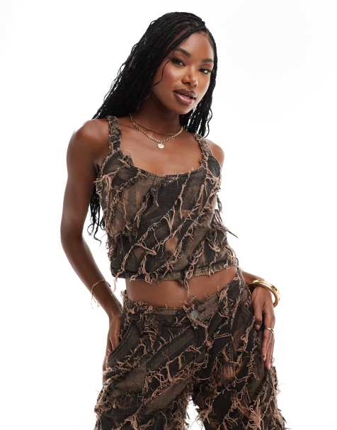 Liquor N Poker raw edge denim corset in tie dye orange (part of a set) - view 1