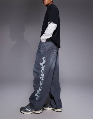 Liquor N Poker Reign Baggy Print Jeans In Gray