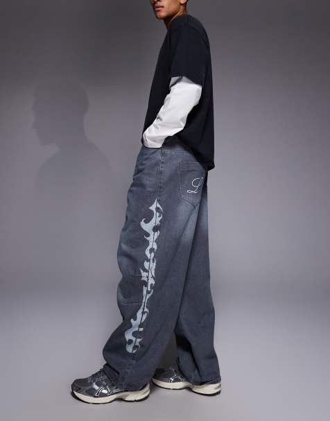 Liquor N Poker reign baggy print jeans in grey wash