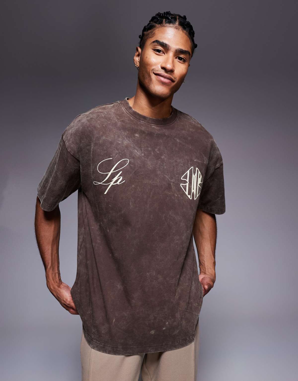 Liquor N Poker relaxed 250gsm t-shirt with gothic script in brown wash