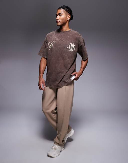 Liquor N Poker relaxed 250gsm t-shirt with gothic script in brown wash