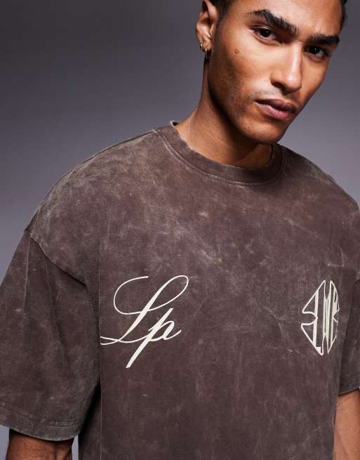 Liquor N Poker relaxed 250gsm t-shirt with gothic script in brown wash