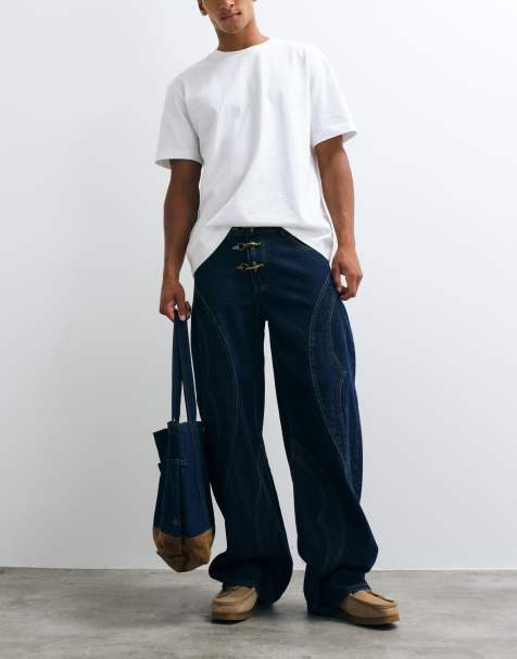 Liquor N Poker relaxed baggy seam detail fireman clasp jeans in mid blue wash - view 1