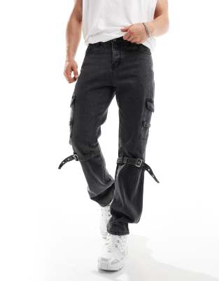 Liquor N Poker Relaxed Cargo Jeans With Strap In Black Wash