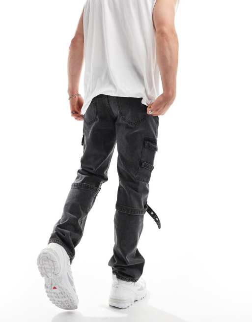 Liquor N Poker relaxed cargo jeans with strap in black wash, 2 of 5