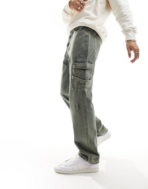 Liquor N Poker relaxed cargo jeans with strap in dirty green wash (part of a set)