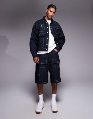 relaxed carpenter denim jorts in raw indigo wash - part of a set-Blue