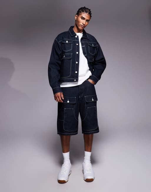Liquor N Poker relaxed carpenter denim jorts in raw indigo wash (part of a set)