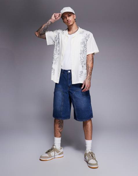 Liquor N Poker relaxed denim carpenter jorts in mid blue - view 1