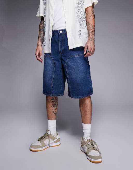 Liquor N Poker relaxed denim carpenter jorts in mid blue