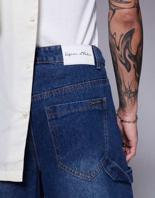 Liquor N Poker relaxed denim carpenter jorts in mid blue