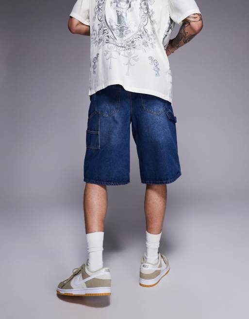 Liquor N Poker relaxed denim carpenter jorts in mid blue