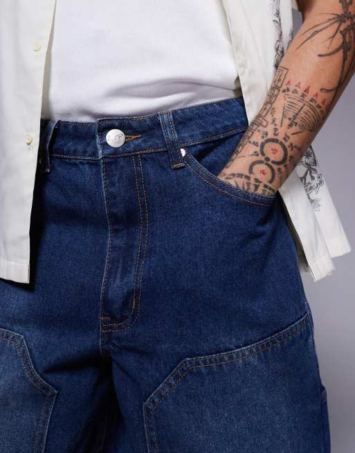 Liquor N Poker relaxed denim carpenter jorts in mid blue, 5 of 5