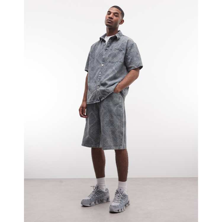 Liquor N Poker relaxed denim jorts co-ord in blue paisley jacquard