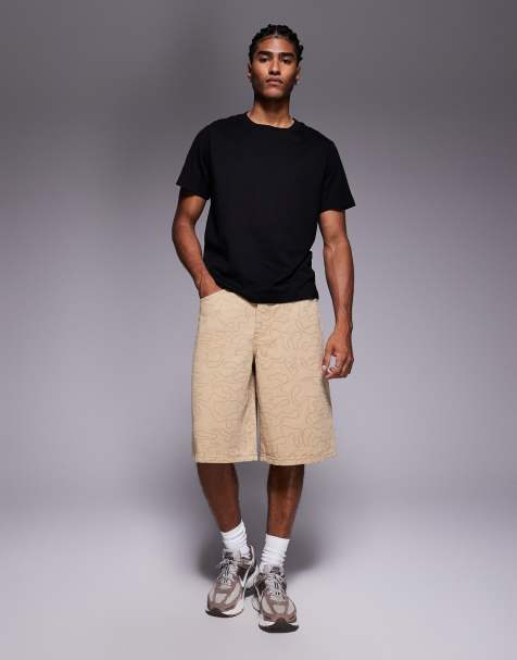 Liquor N Poker relaxed denim jorts in beige camo - view 1