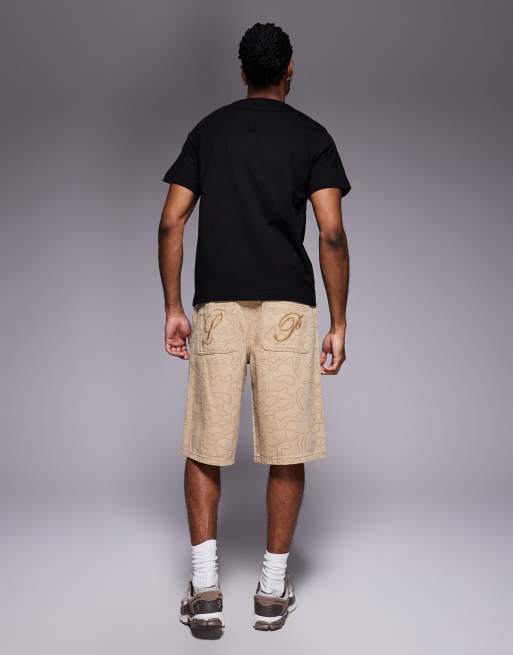 Liquor N Poker relaxed denim jorts in beige camo