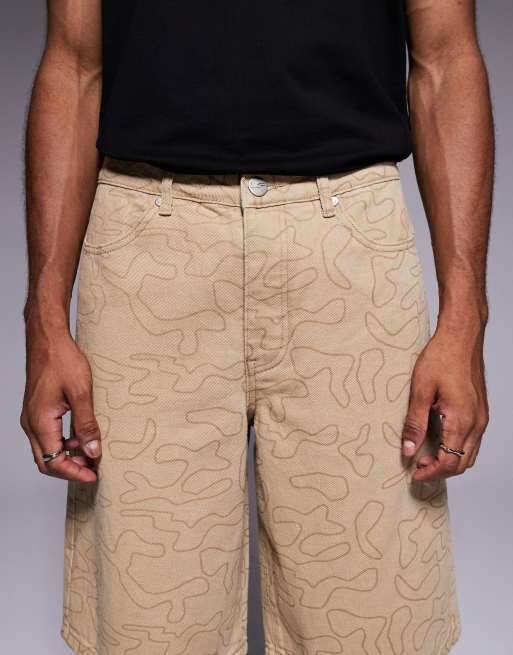 Liquor N Poker relaxed denim jorts in beige camo, 4 of 5