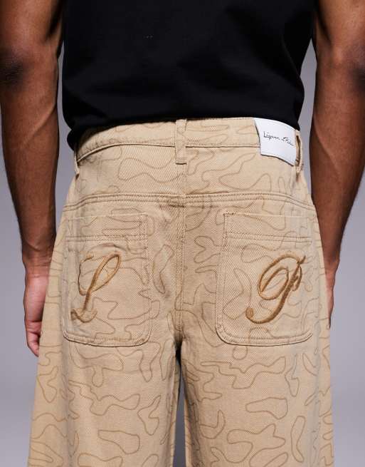 Liquor N Poker relaxed denim jorts in beige camo