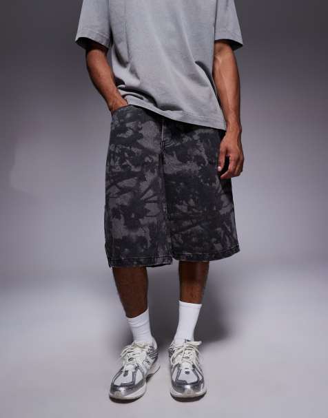 Liquor N Poker relaxed denim jorts in black floral print - view 1