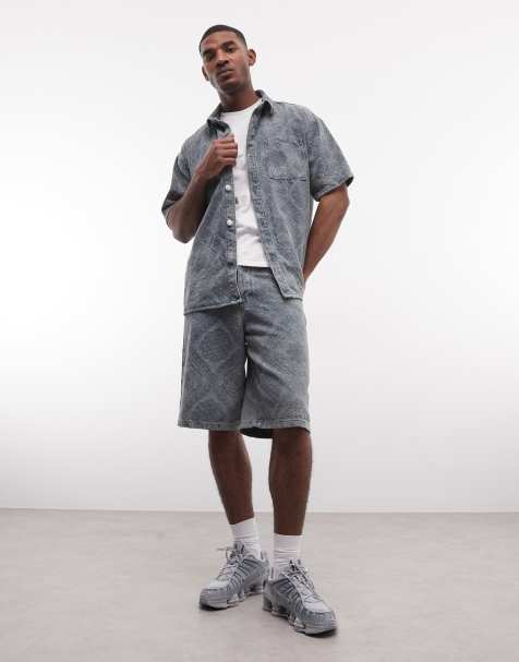 Liquor N Poker relaxed denim shirt and jorts co-ord in blue paisley jacquard - view 1