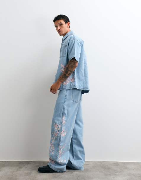 Liquor N Poker relaxed japanse blossom print jeans in light wash blue (part of a set) - view 1