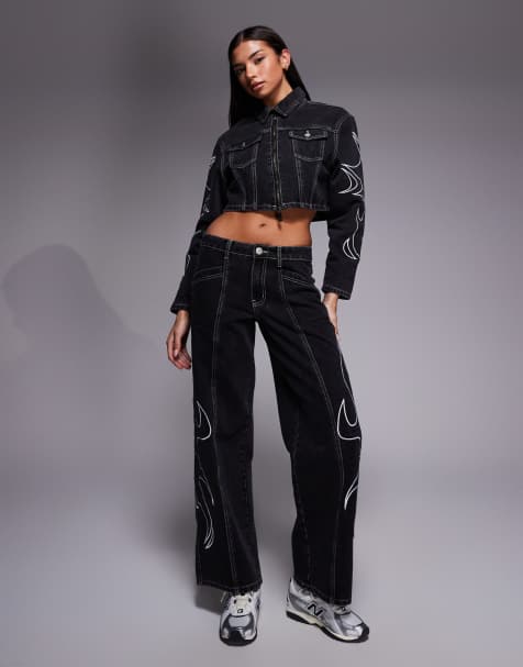 Liquor N Poker relaxed low rise jean with applique detail co-ord in black