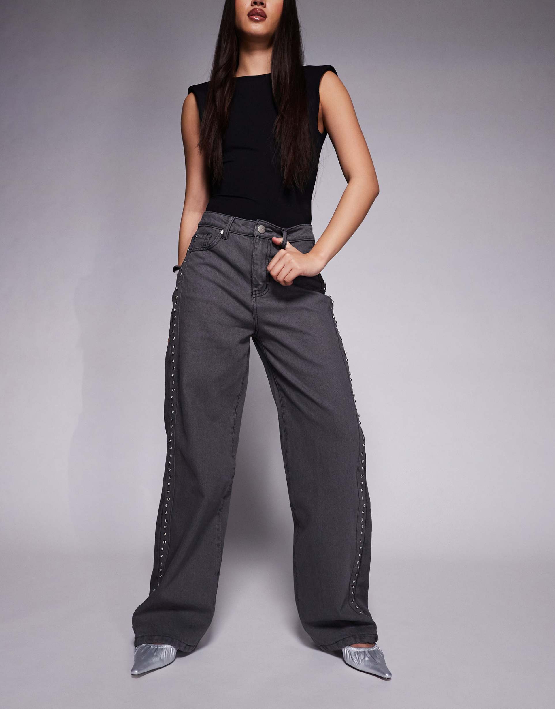 liquor n poker relaxed mid rise jeans with diamante eyelet detail in black