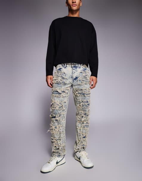 Liquor N Poker relaxed stacked rip repair denim jeans in light blue wash - view 1