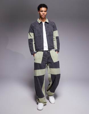 Liquor N Poker Relaxed Zip Denim Biker Panel Jacket In Multi