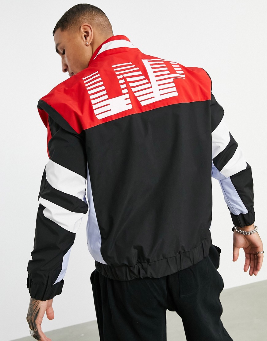 Liquor N Poker retro track jacket in black nylon with red and white paneling