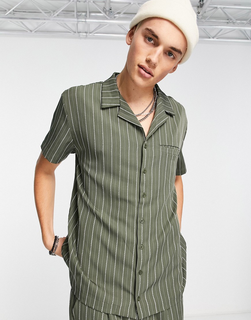 Liquor N Poker Revere Collar Short Sleeve Shirt In Khaki With White Pinstripe - Part Of A Set-green