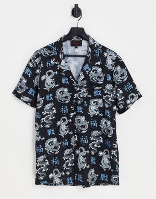 Liquor N Poker revere collared shirt in black with all over dragon and Japanese print