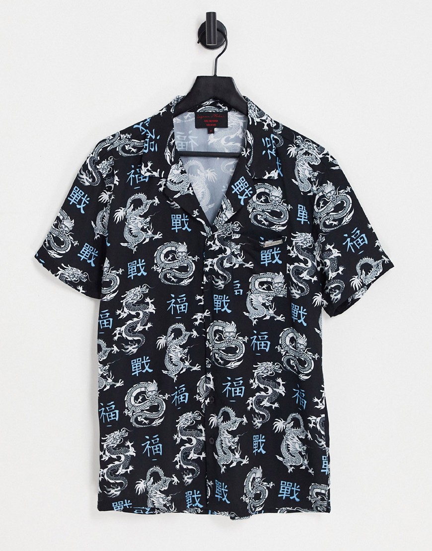 Liquor N Poker Revere Collared Shirt In Black With All Over Dragon And Japanese Print