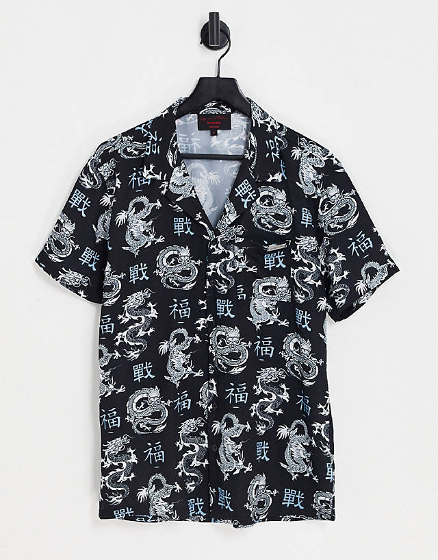 Liquor N Poker - revere collared shirt in black with all over dragon and japanese print
