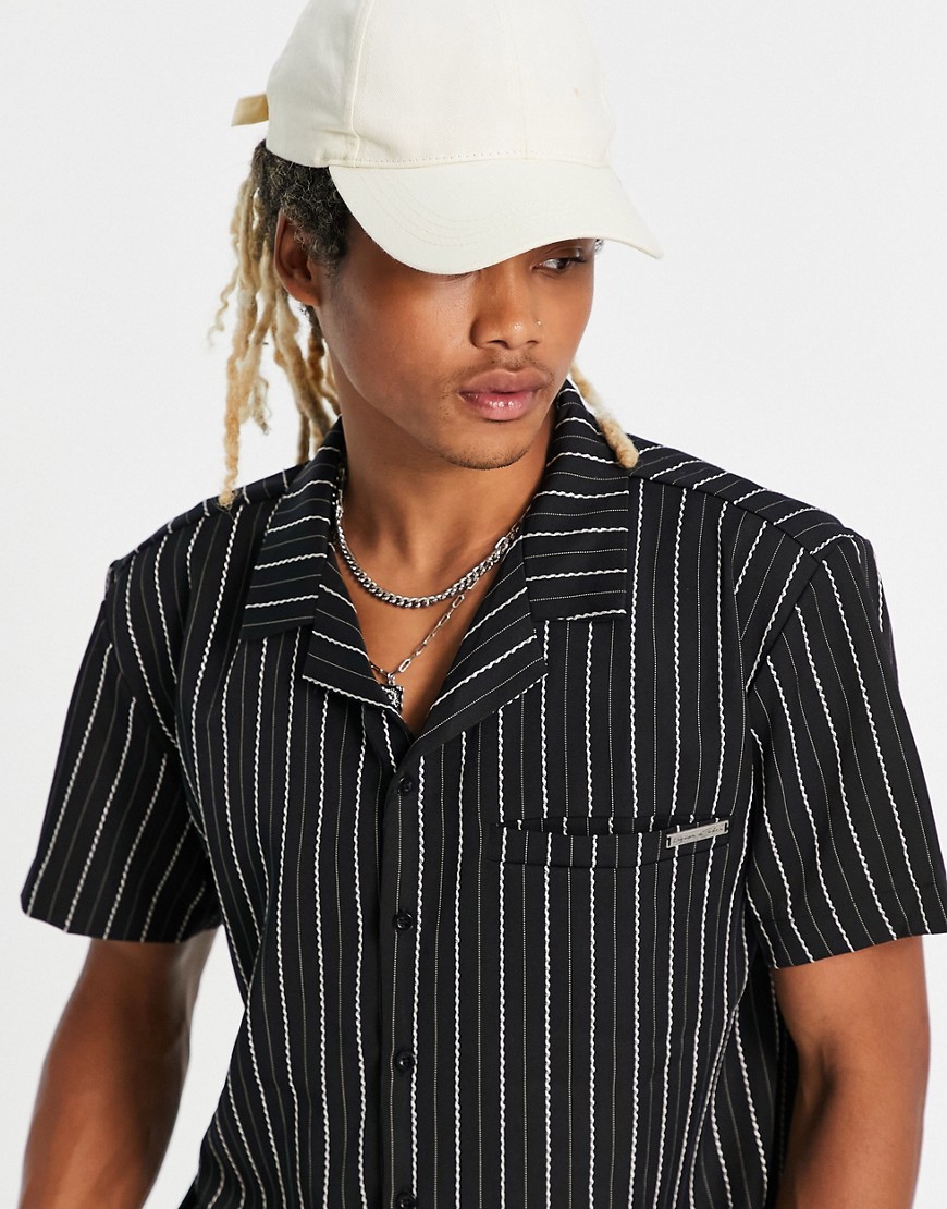 Liquor N Poker revere collared short sleeve shirt in black with white pinstripe - part of a set