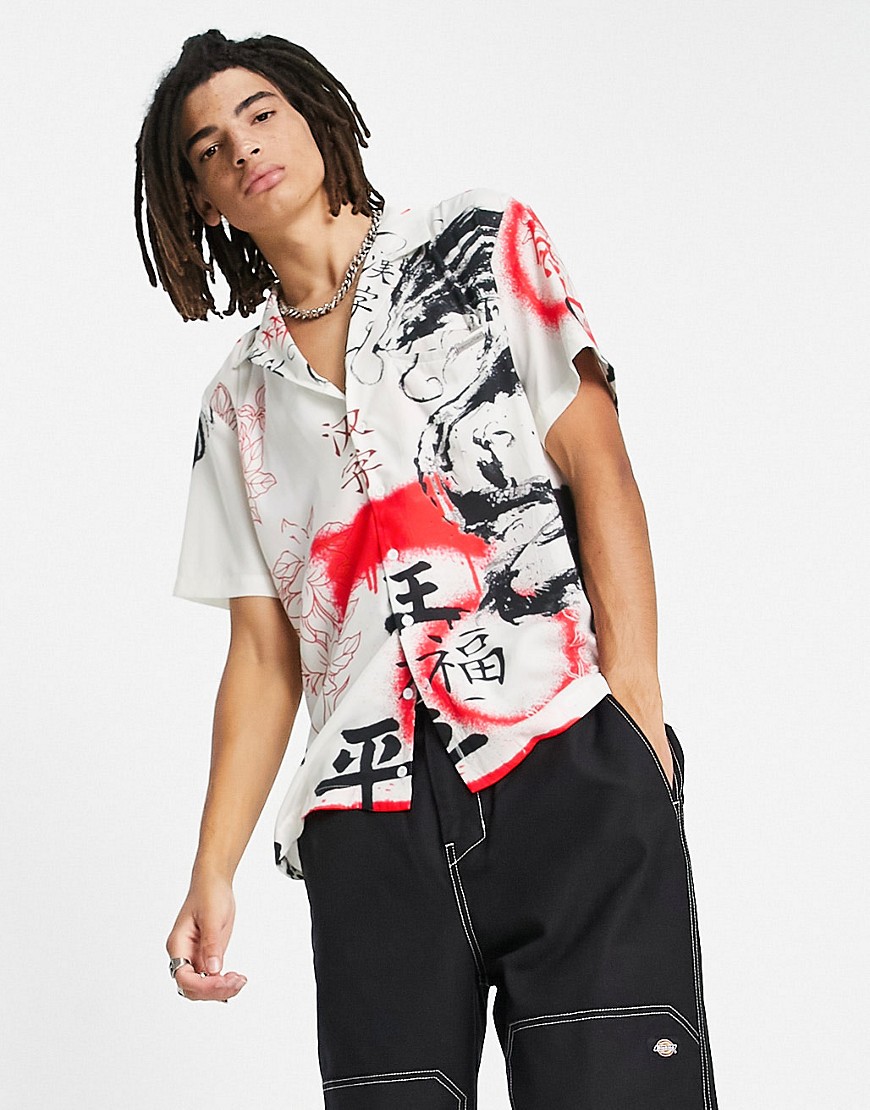 Liquor N Poker Revere Collared Short Sleeve Shirt In Off White With All Over Dragon Print