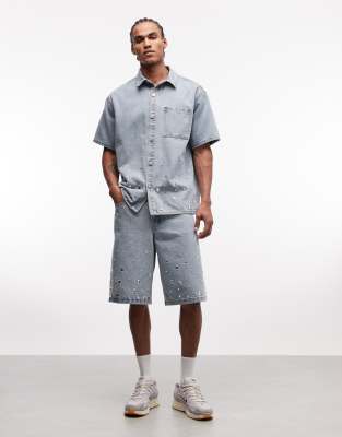 Liquor N Poker Rhinestone Denim Shirt In Blue