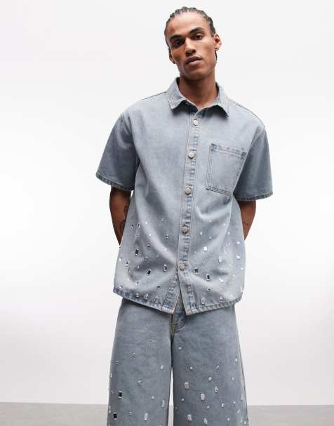 Liquor N Poker rhinestone embellished denim shirt in light wash blue - part of a set - view 1