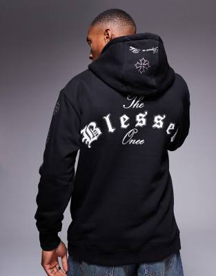 rhinestone embellished hoodie with motif back in black