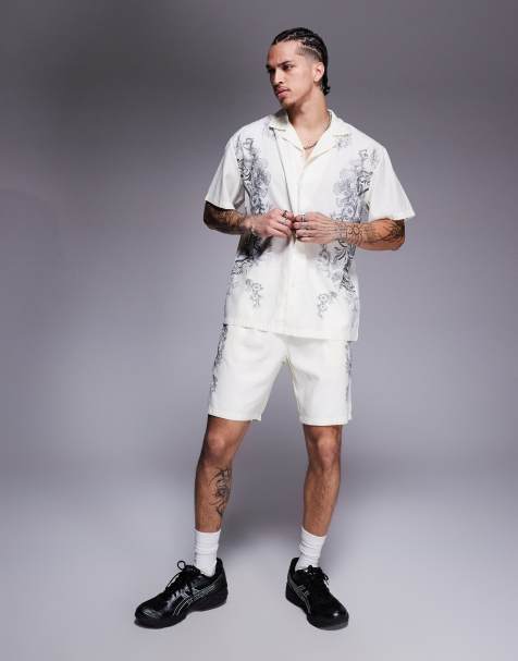 Liquor N Poker royal emblem print motif shorts co-ord in off white - view 1