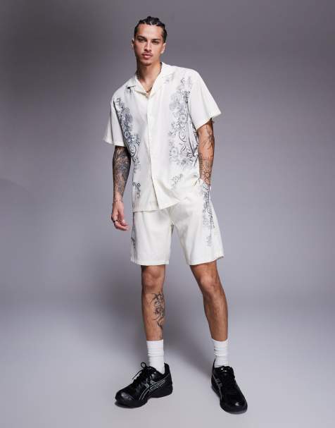 Liquor N Poker royal emblem shirt and shorts set in off white - view 1