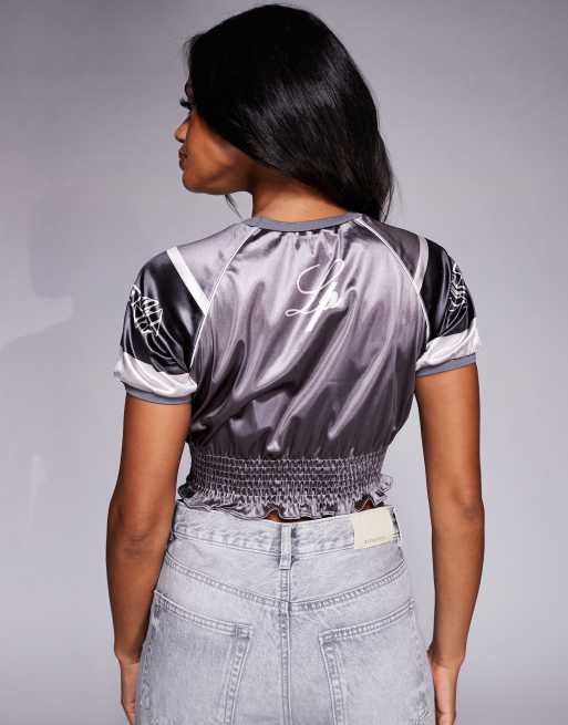 Liquor N Poker ruched varsity t-shirt with gothic script logo in black, 3 of 4