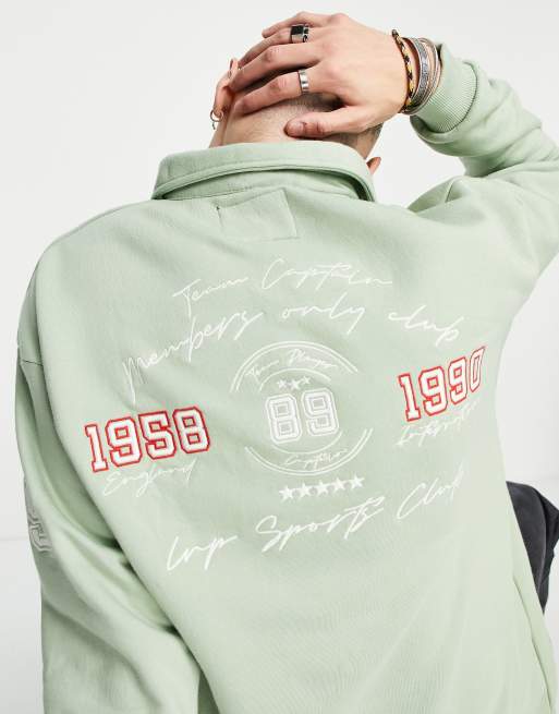 Liquor N Poker rugby long sleeve top in sage green with chest and back print
