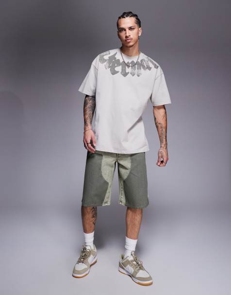 Liquor N Poker - Ruimvallende denim timmermansshorts in kaki - view 1