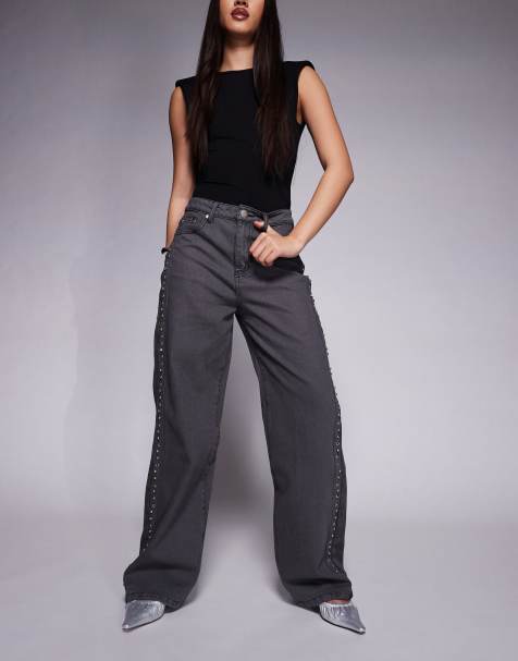 Liquor N Poker - Ruimvallende jeans met halfhoge taille en diamanten oogjes in zwart - view 1